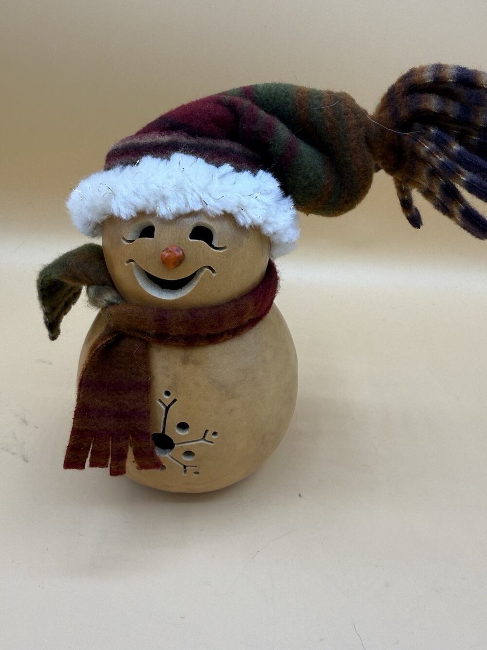 Handmade Gourd Snowman Tealight Candle Holder Christmas Decor Plaid Hat 5”
